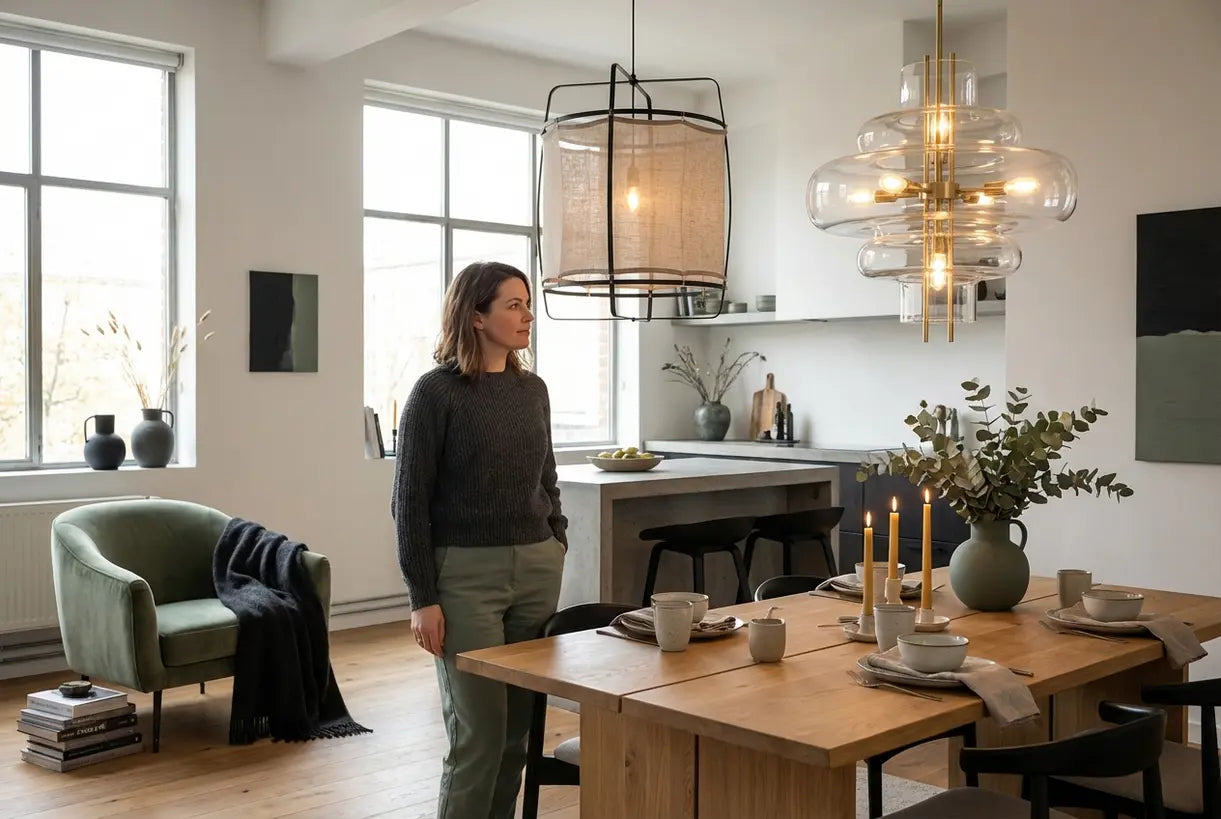 Moderne eetkamer met pendellamp en kroonluchter vergelijking in Scandinavisch interieur