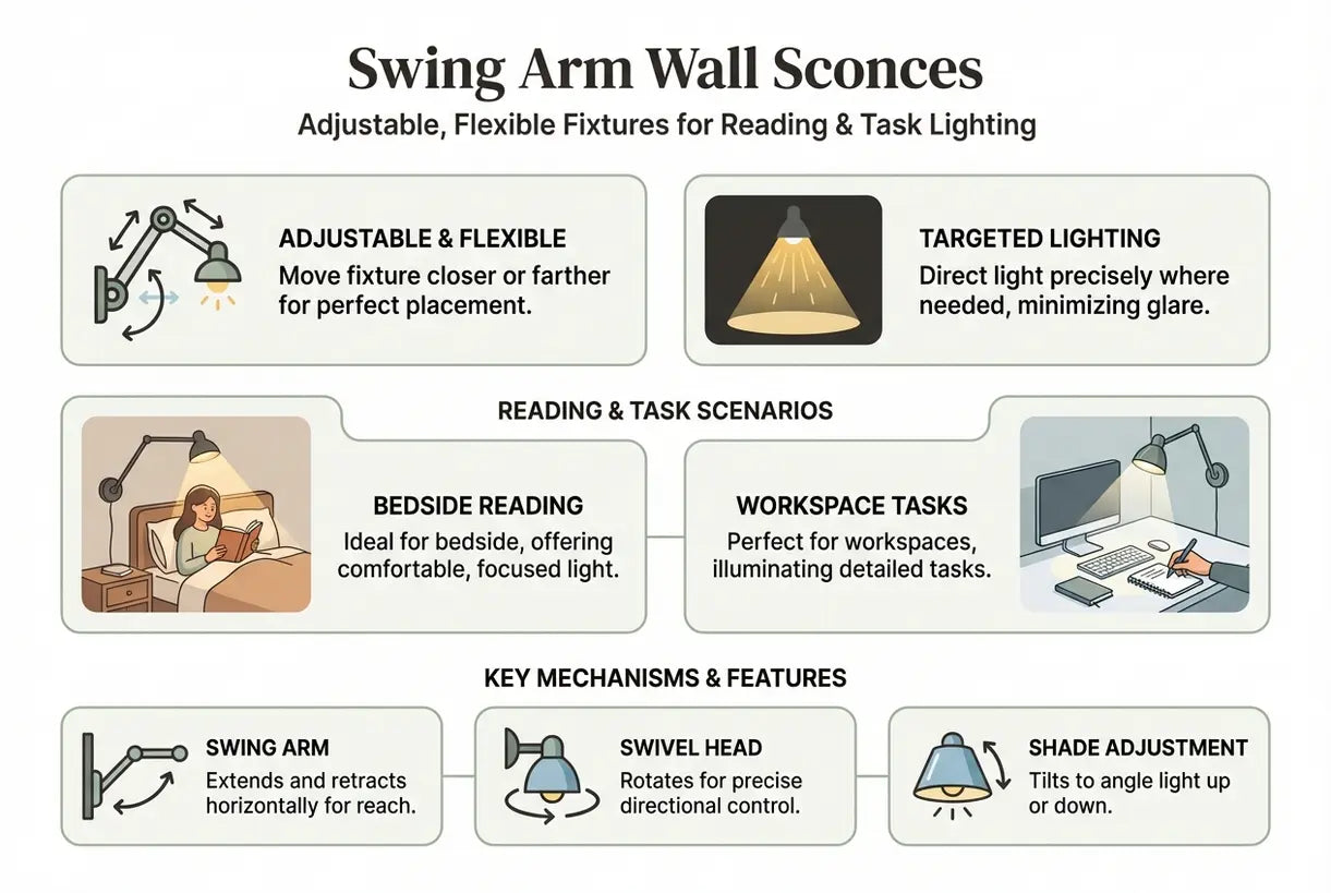 Swing Arm Wall Sconces: Adjustable, Flexible Fixtures for Reading & Task Lighting - infographic