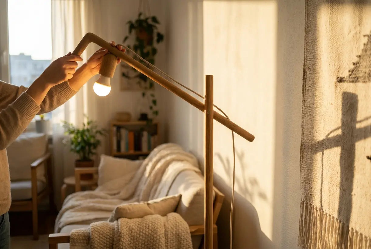 Hands adjusting uplight floor lamp in modern Scandinavian living room corner