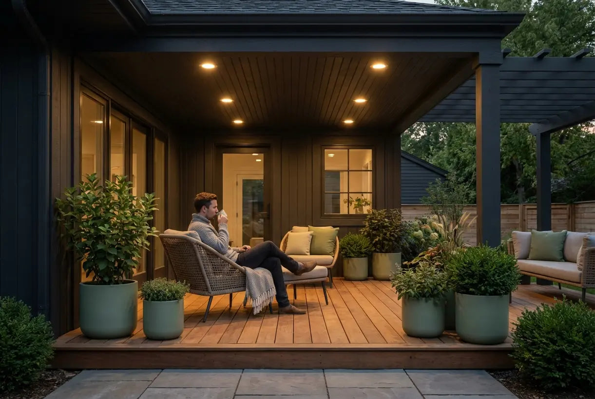 Scandinavische patio met buiten inbouwverlichting die terras en dakoverstekken verlicht