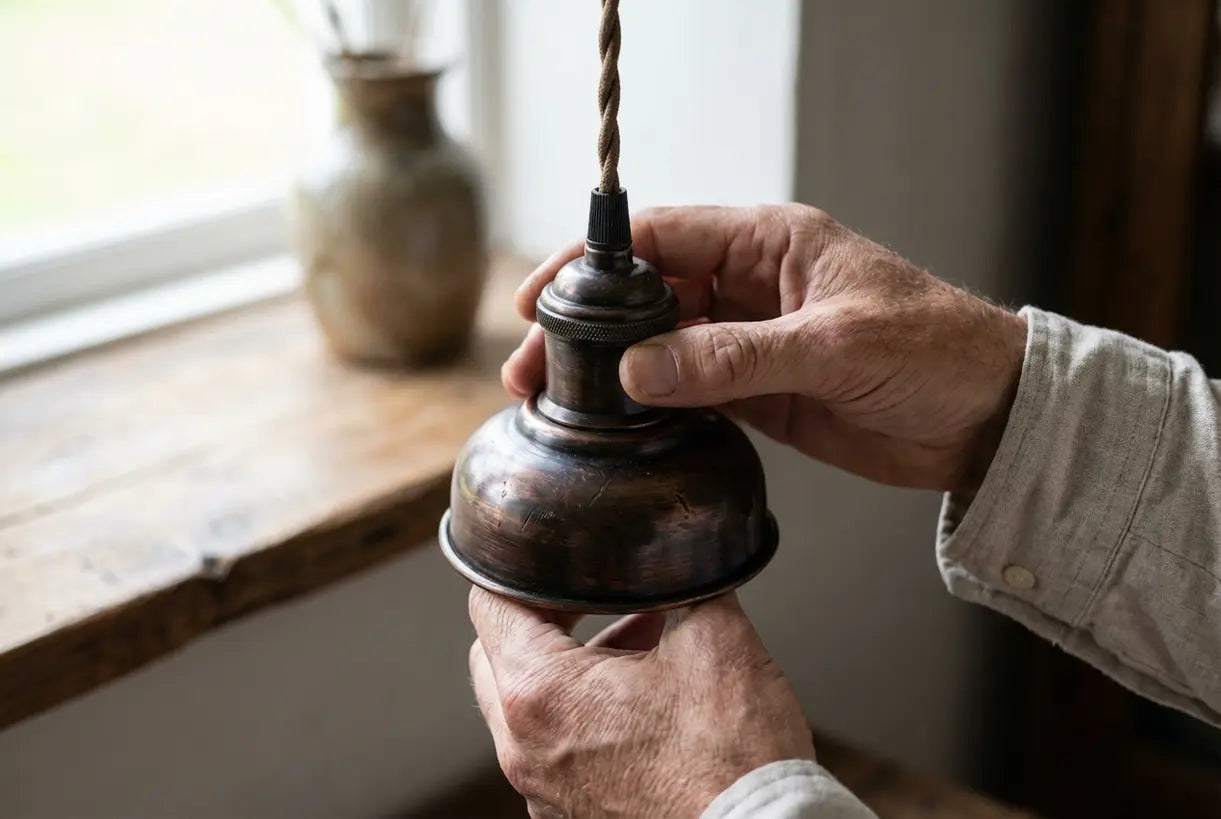Close-up van handen die een bronzen hanglamp met rijke oliegewreven bronzen afwerking aanpassen