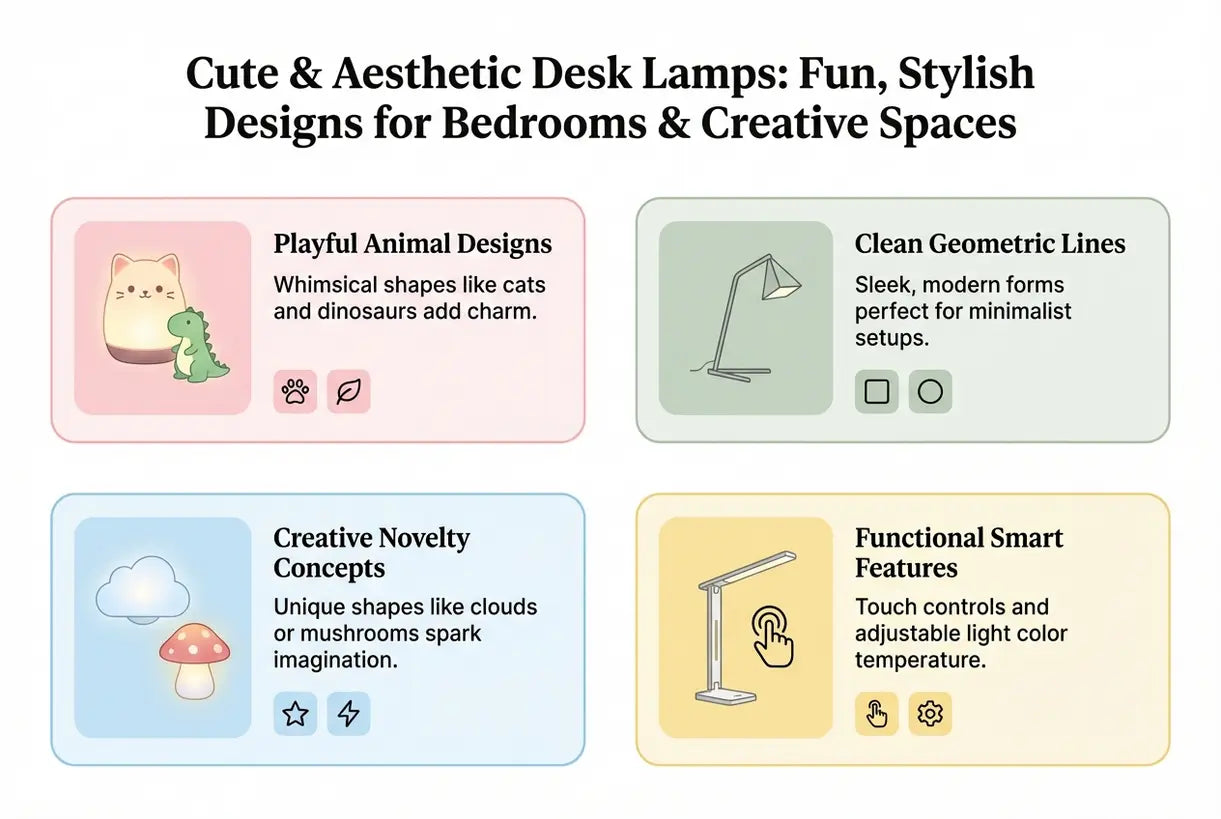 Schattige en esthetische bureaulampen: speelse, stijlvolle ontwerpen voor slaapkamers en creatieve ruimtes - infographic