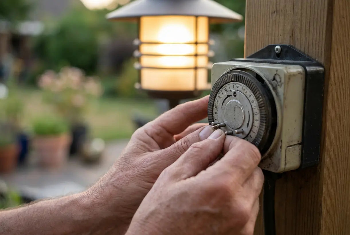 Handen stellen mechanische buitenverlichtingstimerpinnen in voor geautomatiseerde tuinverlichting