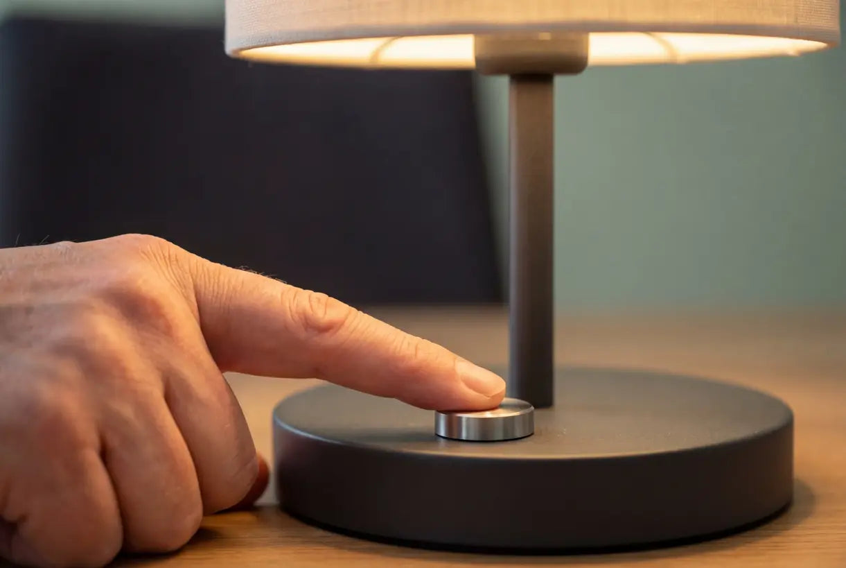 Hand raakt dimmerbediening aan op draagbare armatuur lamp met warme sfeerverlichting