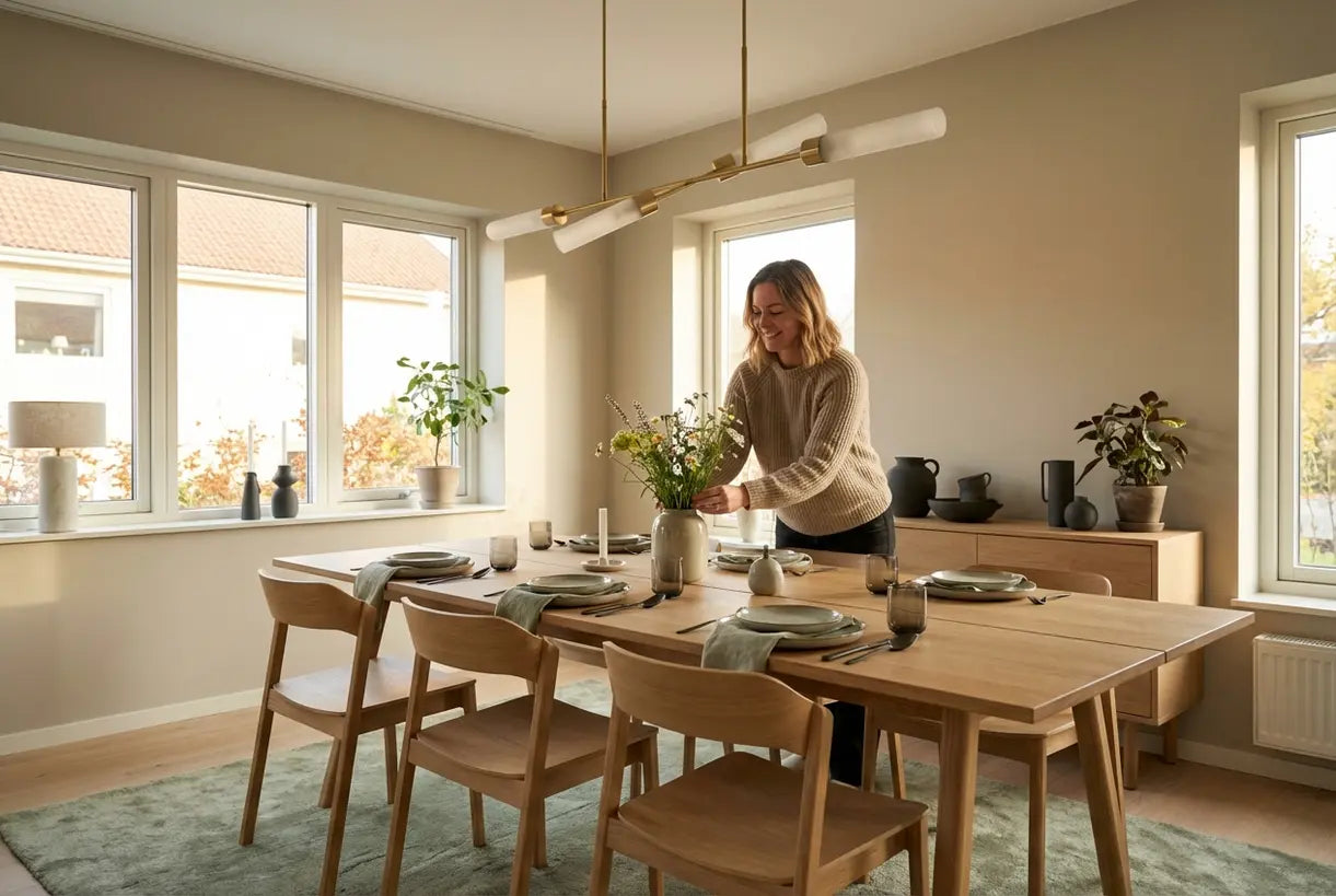 Modernes skandinavisches Esszimmer mit Statement-Kronleuchter und natürlichem Licht