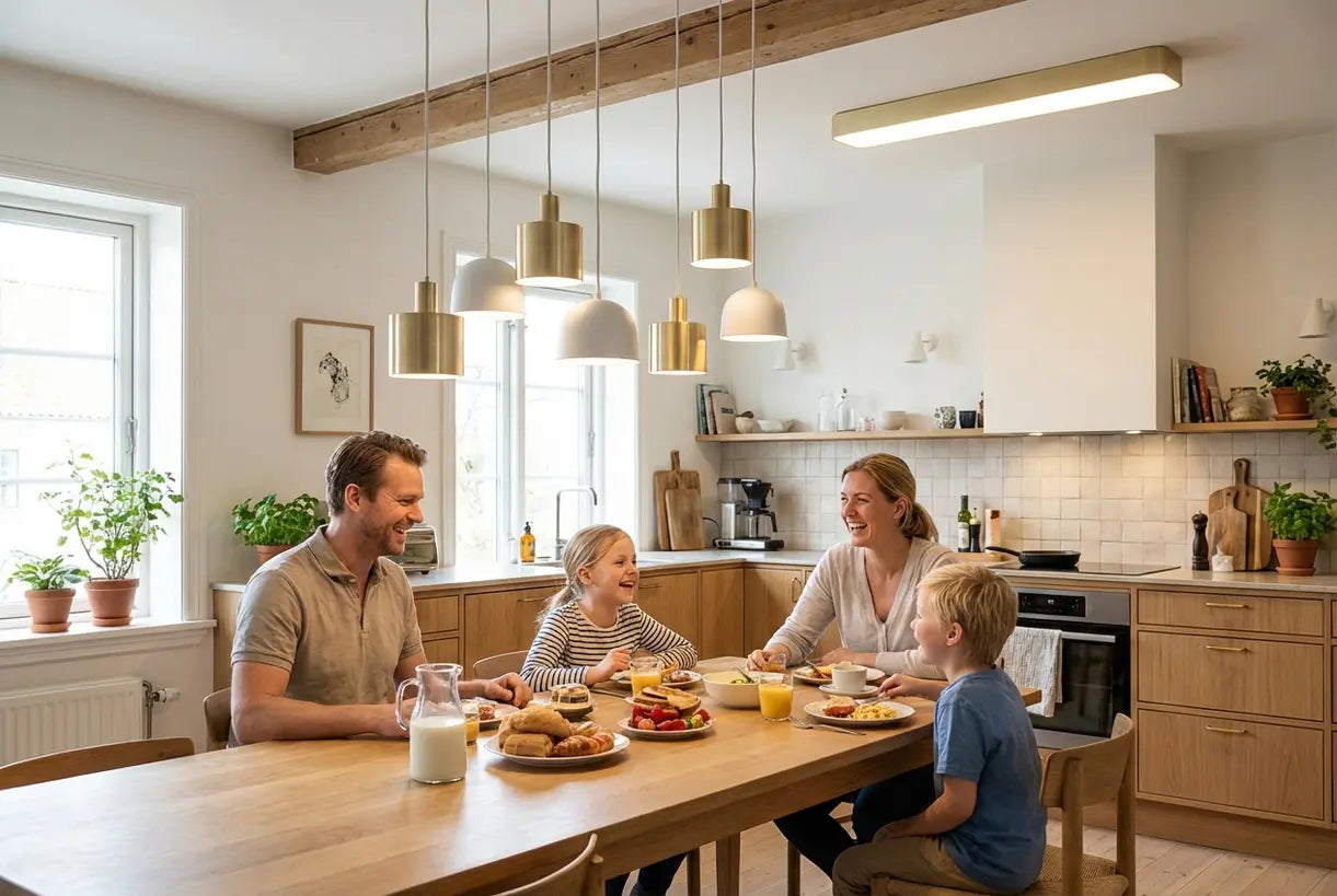 Scandinavische keuken met moderne hangverlichting boven eiland, familie geniet van ontbijt