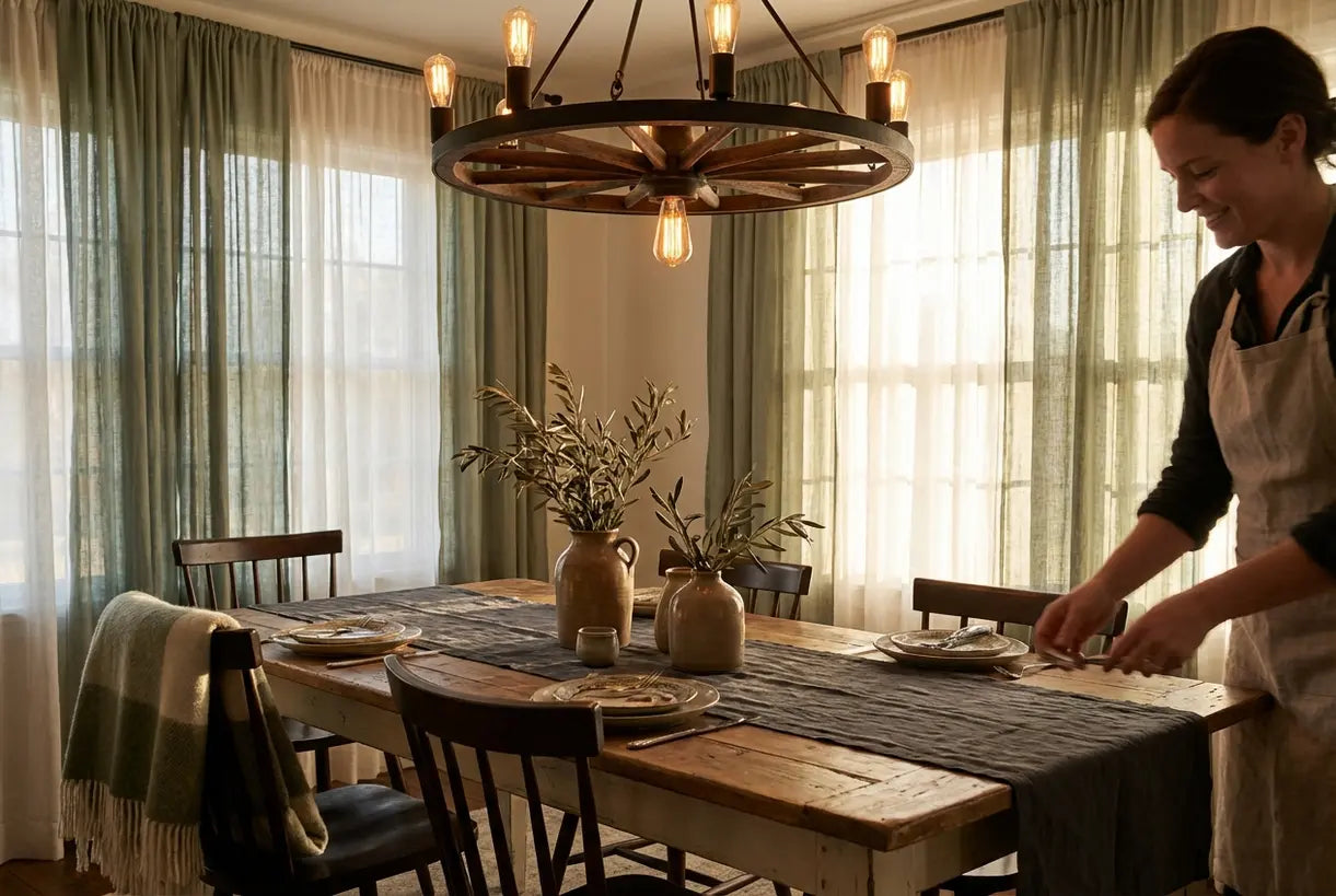 Farmhouse eetkamer met wagenwiel kroonluchter die warm sfeerlicht werpt
