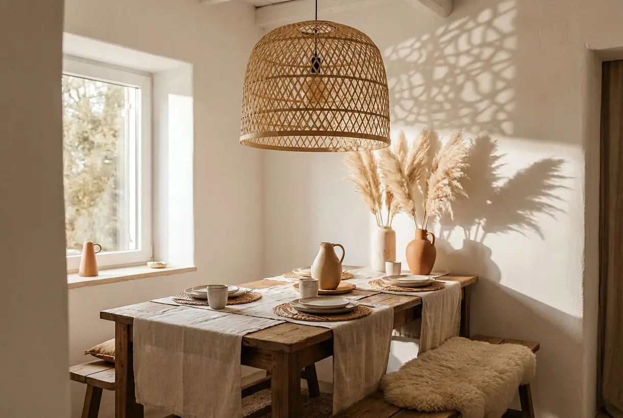 Boho eetkamer met geweven bamboe hanglamp en natuurlijke texturen