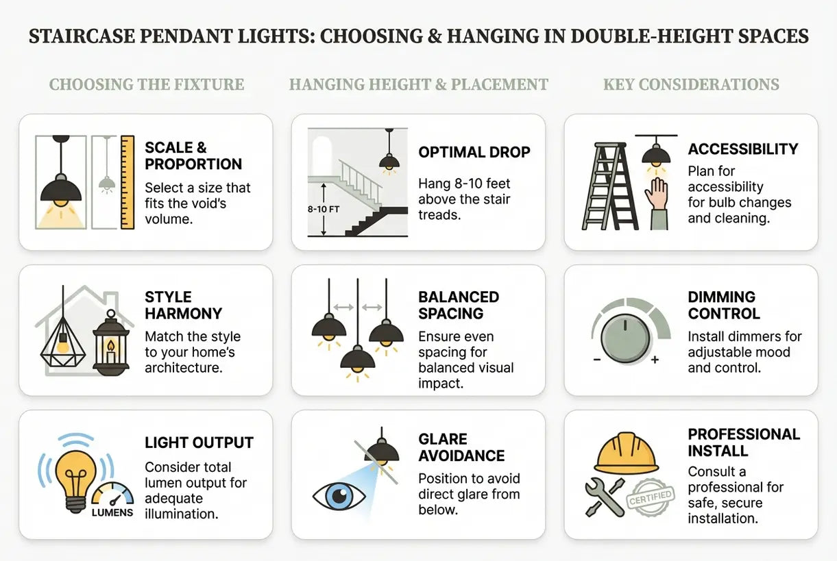 Hanglampen voor het trappenhuis: zo kies en hang je lampen in ruimtes over twee verdiepingen - infographic