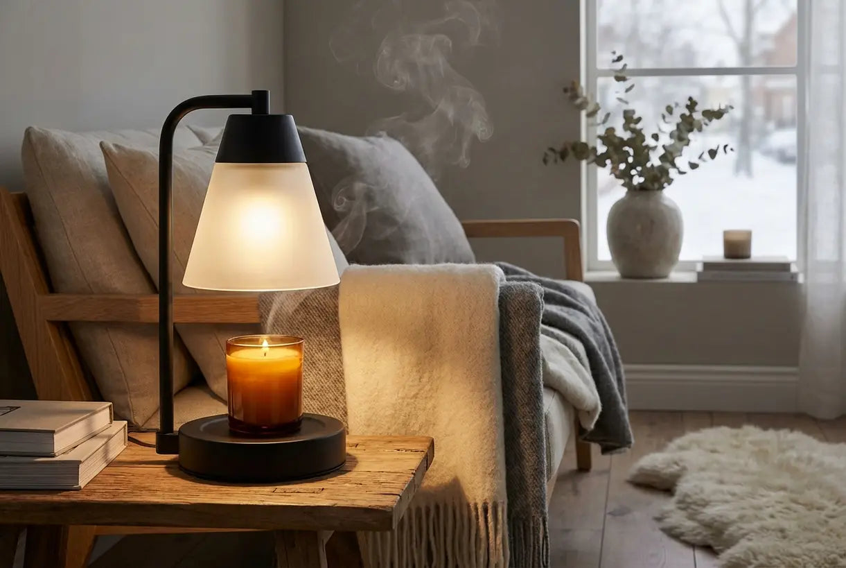 Scandinavische kamer met kaarsverwarmingslamp die gezellige sfeerverlichting en huisgeur creëert