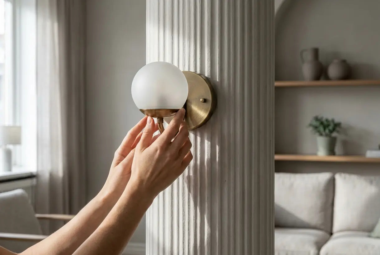 Hands adjusting minimalist Nordic wall sconce on fluted architectural column with warm ambient lighting