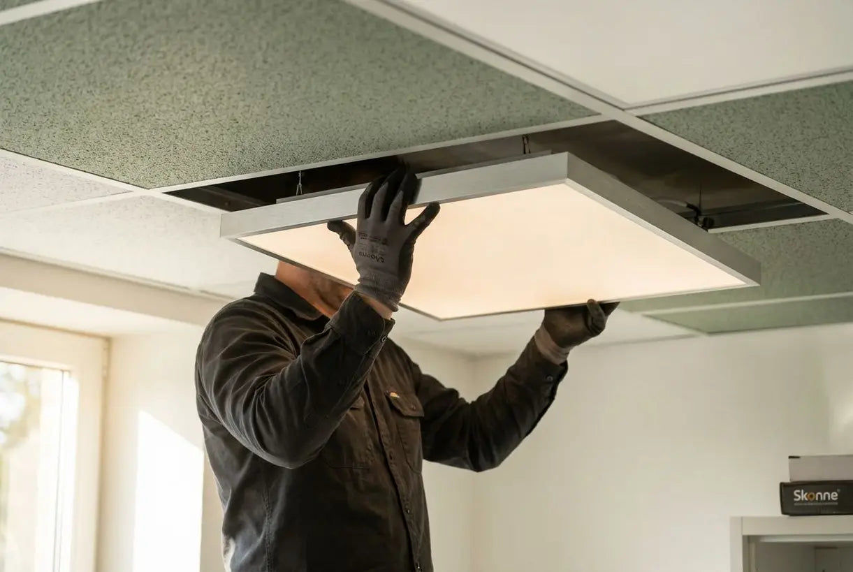 Handen installeren inbouw-LED-armatuur in systeemplafondrooster voor bovenverlichting