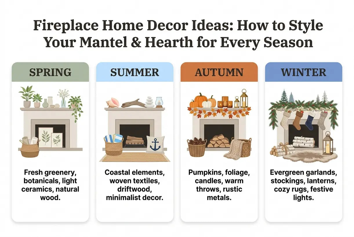 Fireplace Home Decor Ideas: How to Style Your Mantel & Hearth for Every Season - infographic
