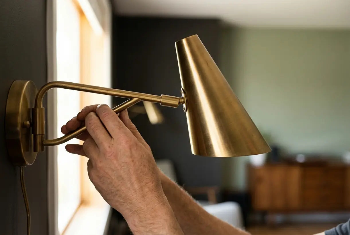 Handen die een messing mid-century moderne wandlamp met warme metallic afwerking afstellen