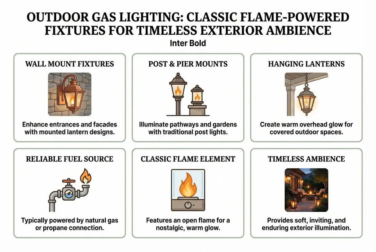 Buiten Gasverlichting: Klassieke Vlam-Aangedreven Armaturen voor Tijdloze Buitensfeer - infographic