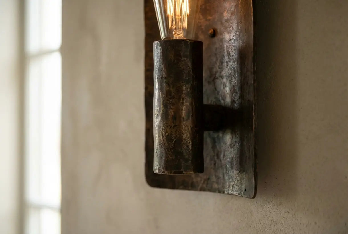 Close-up van bronzen wandlamp met getextureerde metalen afwerking met warm patina