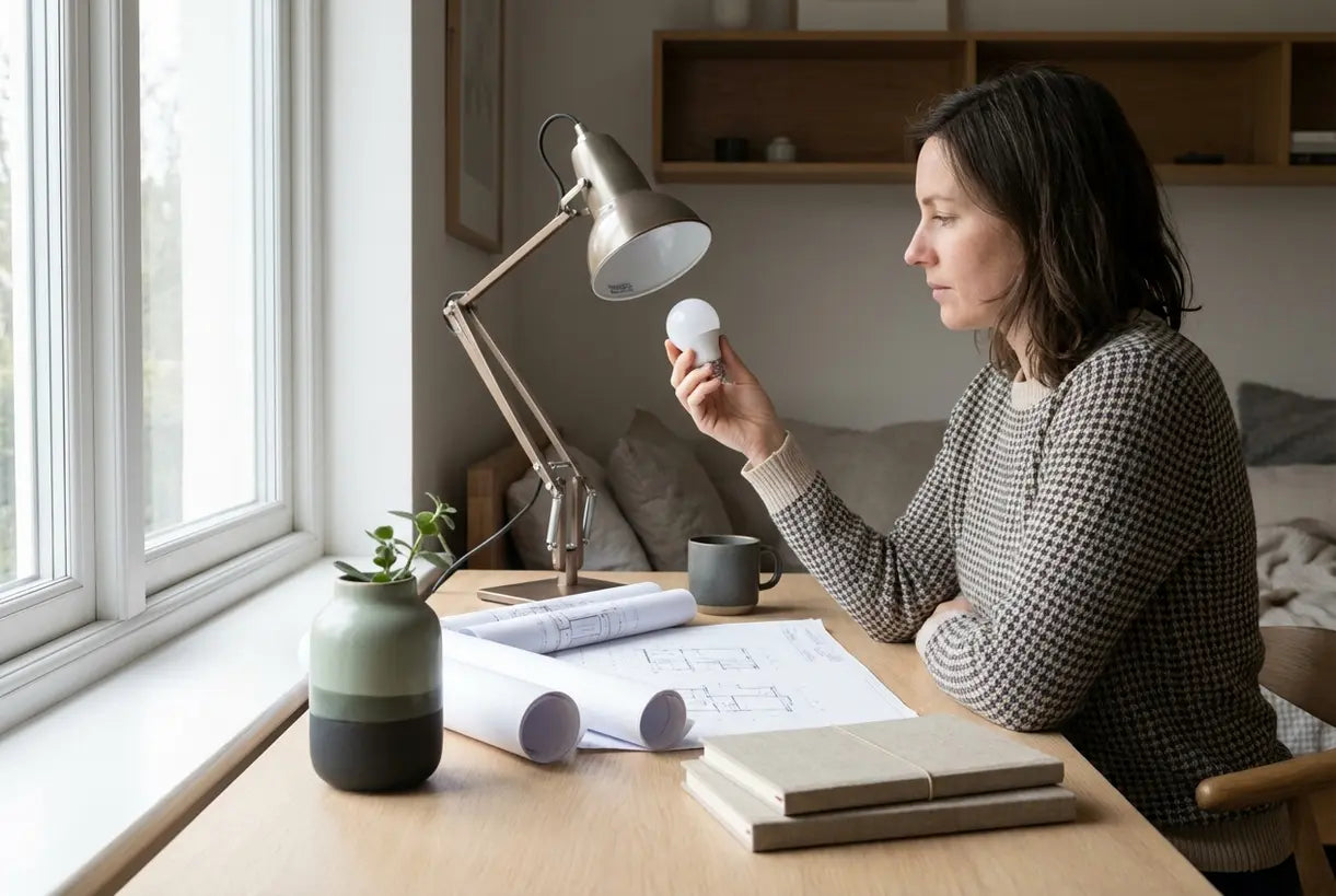 Scandinavische bureauopstelling met tafellamp en vervangende lamp op minimalistische werkplek