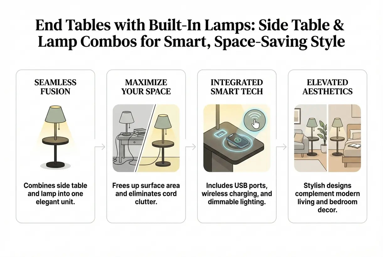 Bijzettafels met ingebouwde lampen: bijzettafel & lamp combinaties voor slimme, ruimtebesparende stijl - infographic