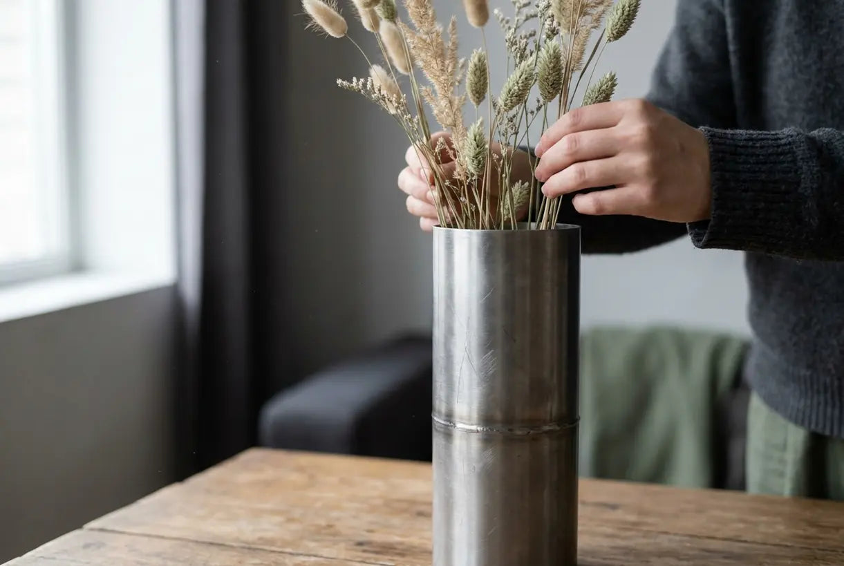 Hände arrangieren Trockenblumen in einer gebürsteten Metallvase mit industriellem modernem Design