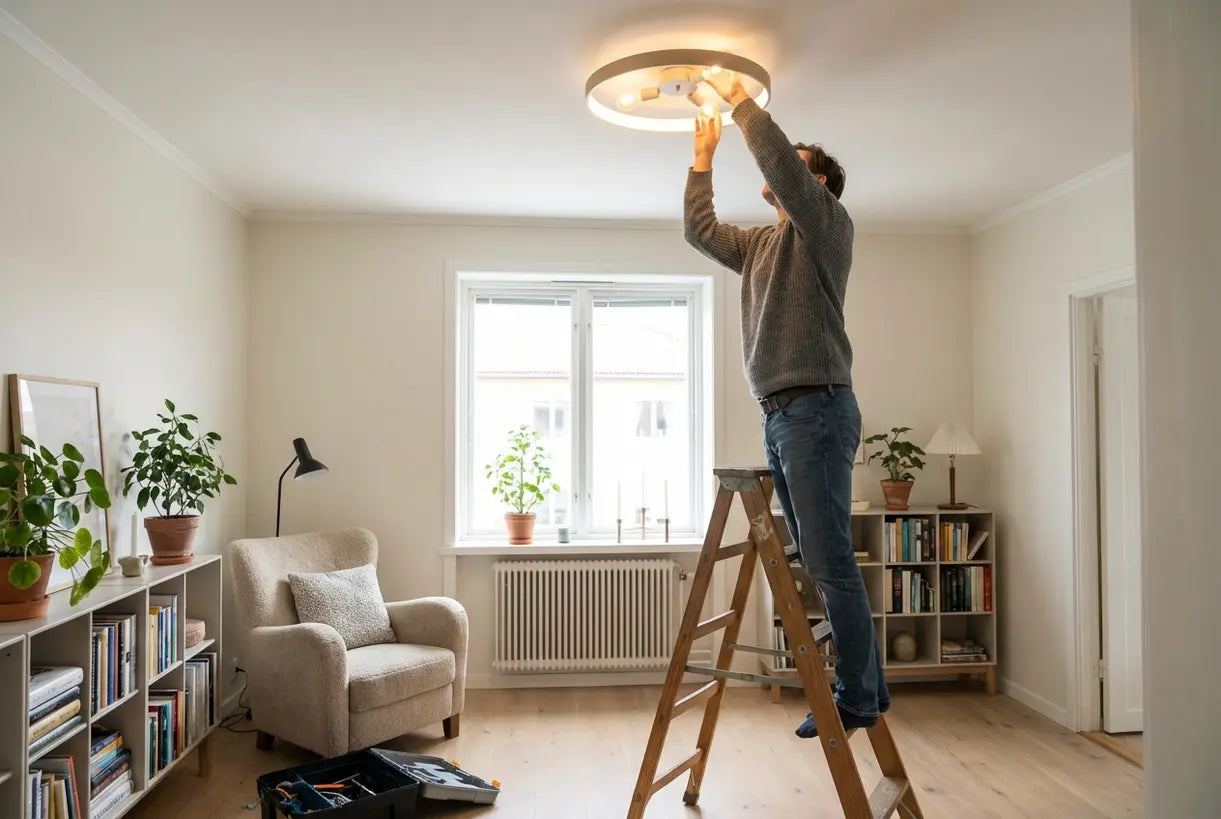 Persoon lost problemen op met LED-plafondverlichting in moderne Scandinavische woonkamer