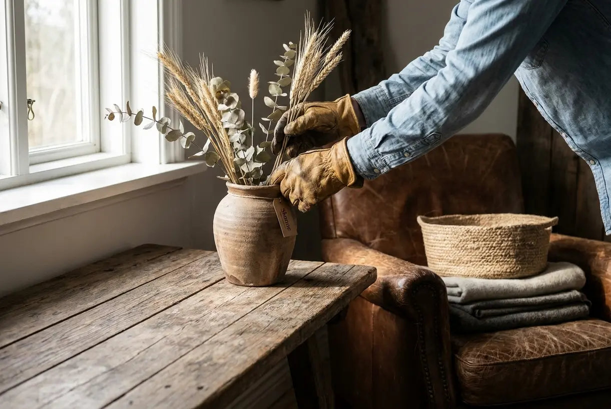 Weathered leather and wood textures for western home decor inspiration