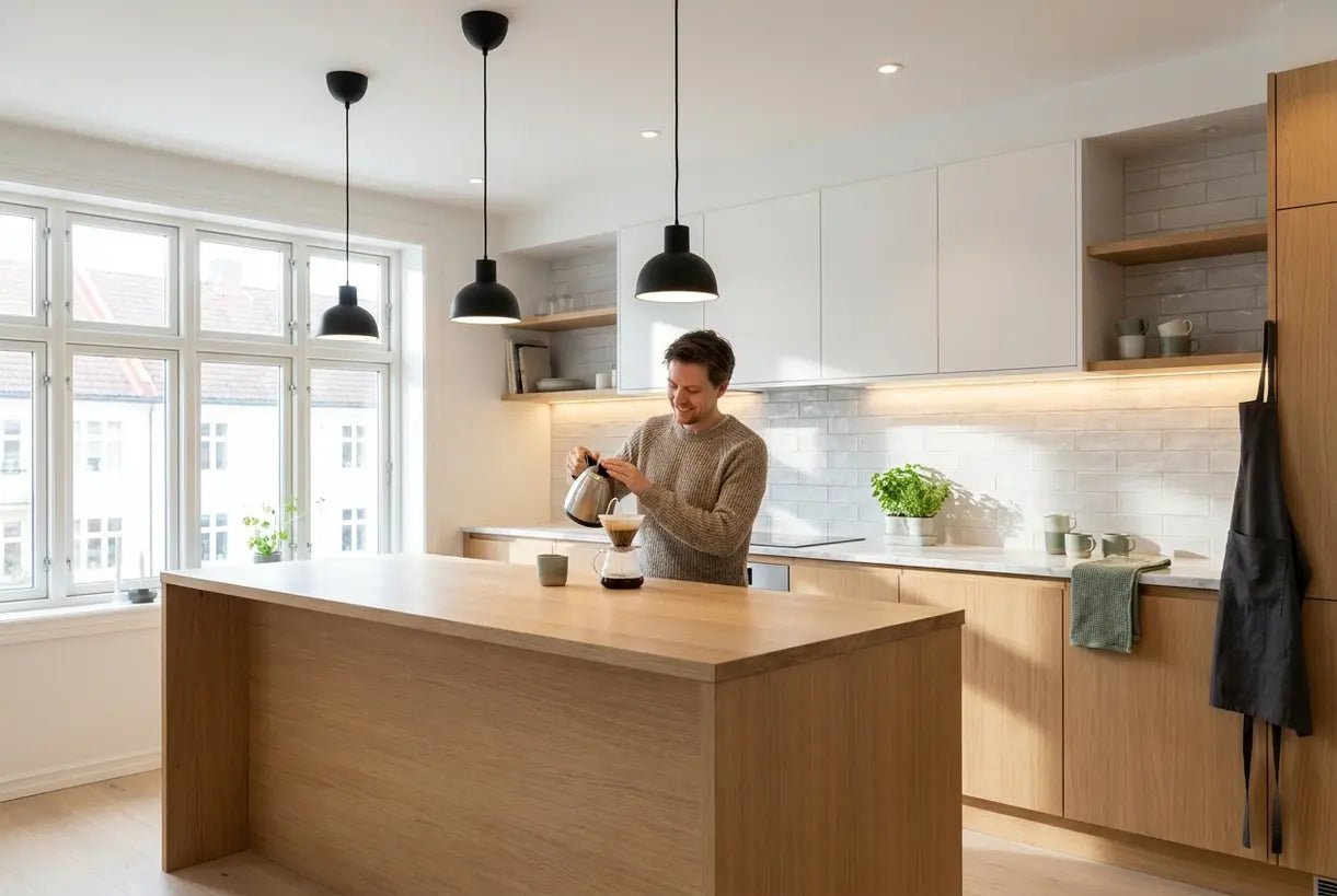 Bright Scandinavian kitchen with energy-efficient LED lighting including pendant lights and under-cabinet illumination
