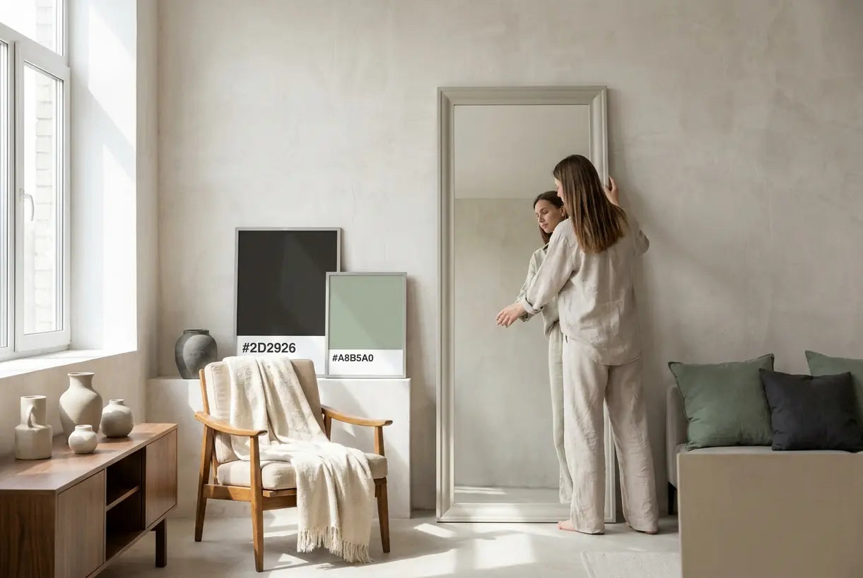 Woman styling oversized floor mirror in Scandinavian living room with natural lighting