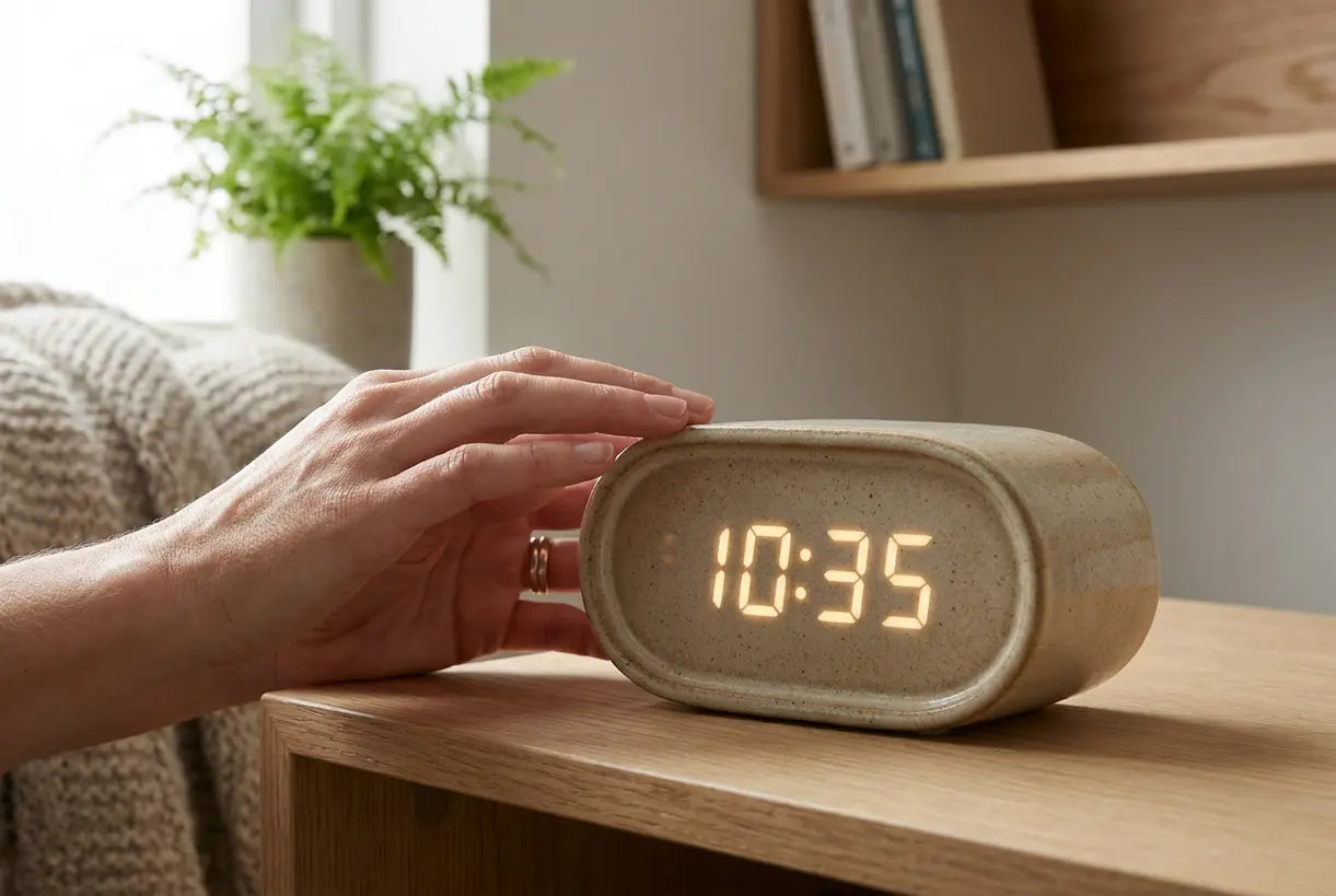 Hands adjusting modern decorative clock in contemporary Scandinavian interior