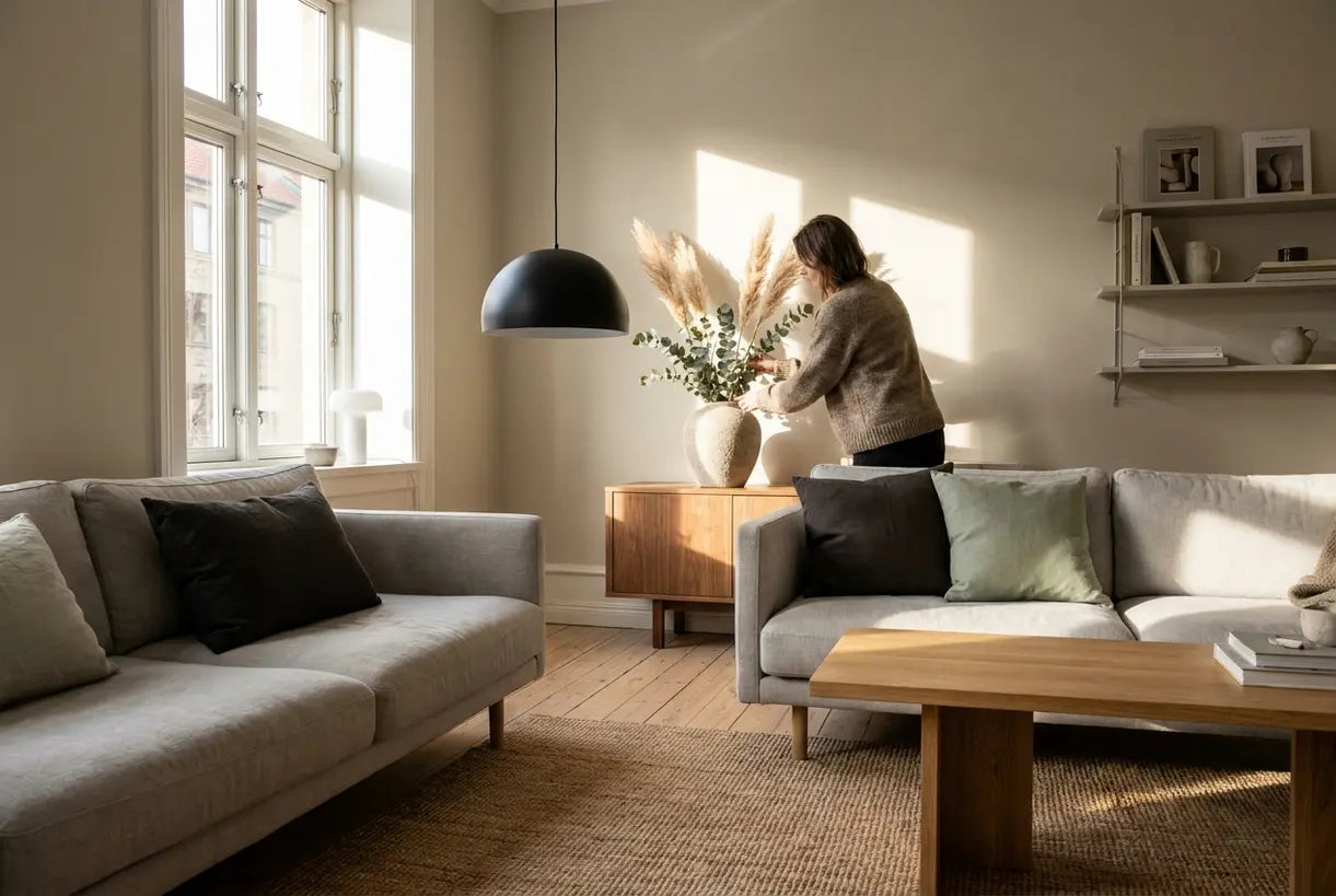 Scandinavian modern living room with natural light, pendant lighting, and person styling decor