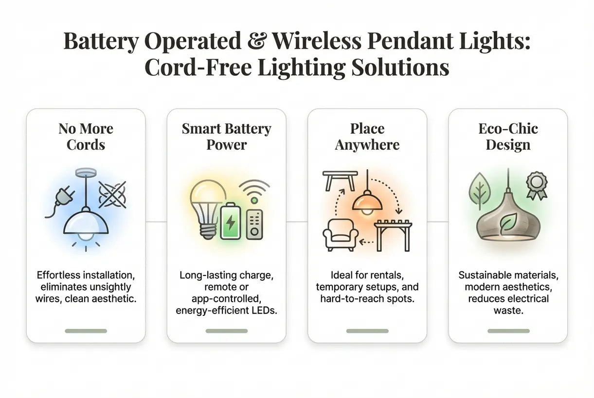 Battery Operated & Wireless Pendant Lights: Cord-Free Lighting Solutions - infographic