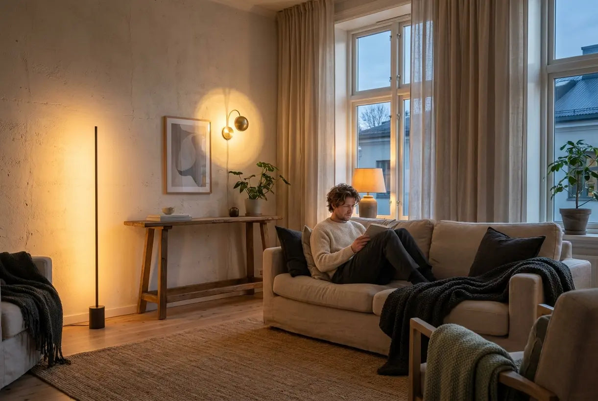 Scandinavian living room with layered accent lighting, uplights and wall sconces creating warm dramatic ambiance