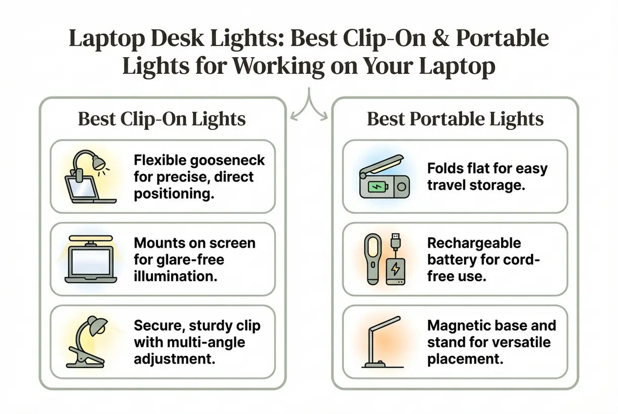 Laptop Bureaulampen: Beste Clip-On & Draagbare Lampen voor Werken op Je Laptop - infographic