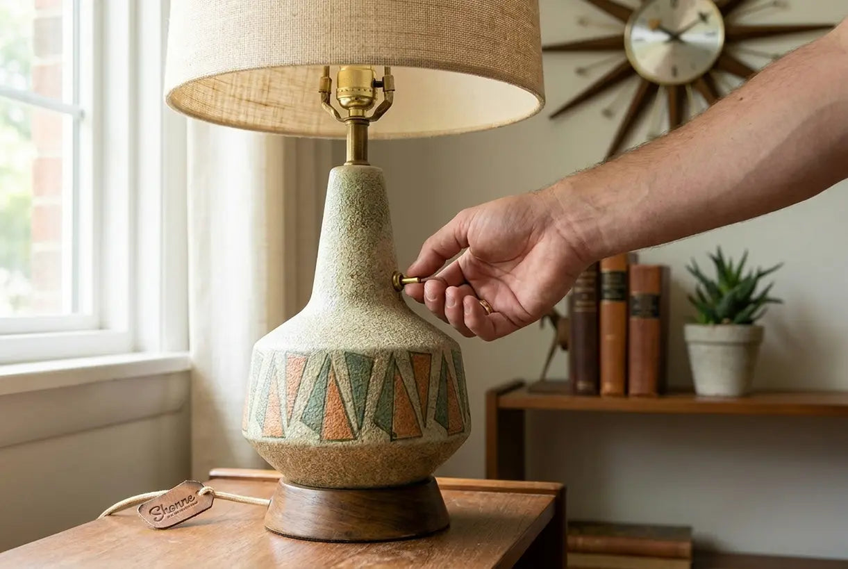 Close-up of hands adjusting a mid-century starburst clock and brass lamp in 1950s home decor style
