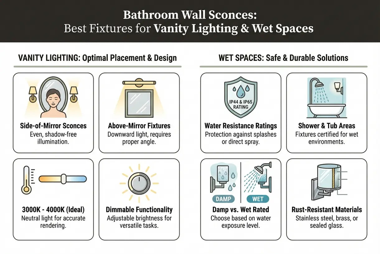 Bathroom Wall Sconces: Best Fixtures for Vanity Lighting & Wet Spaces - infographic