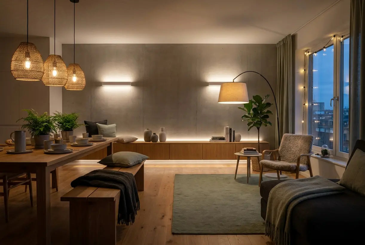 Scandinavian living room with decorative LED lighting layers including pendant lamp floor lamp and wall sconces