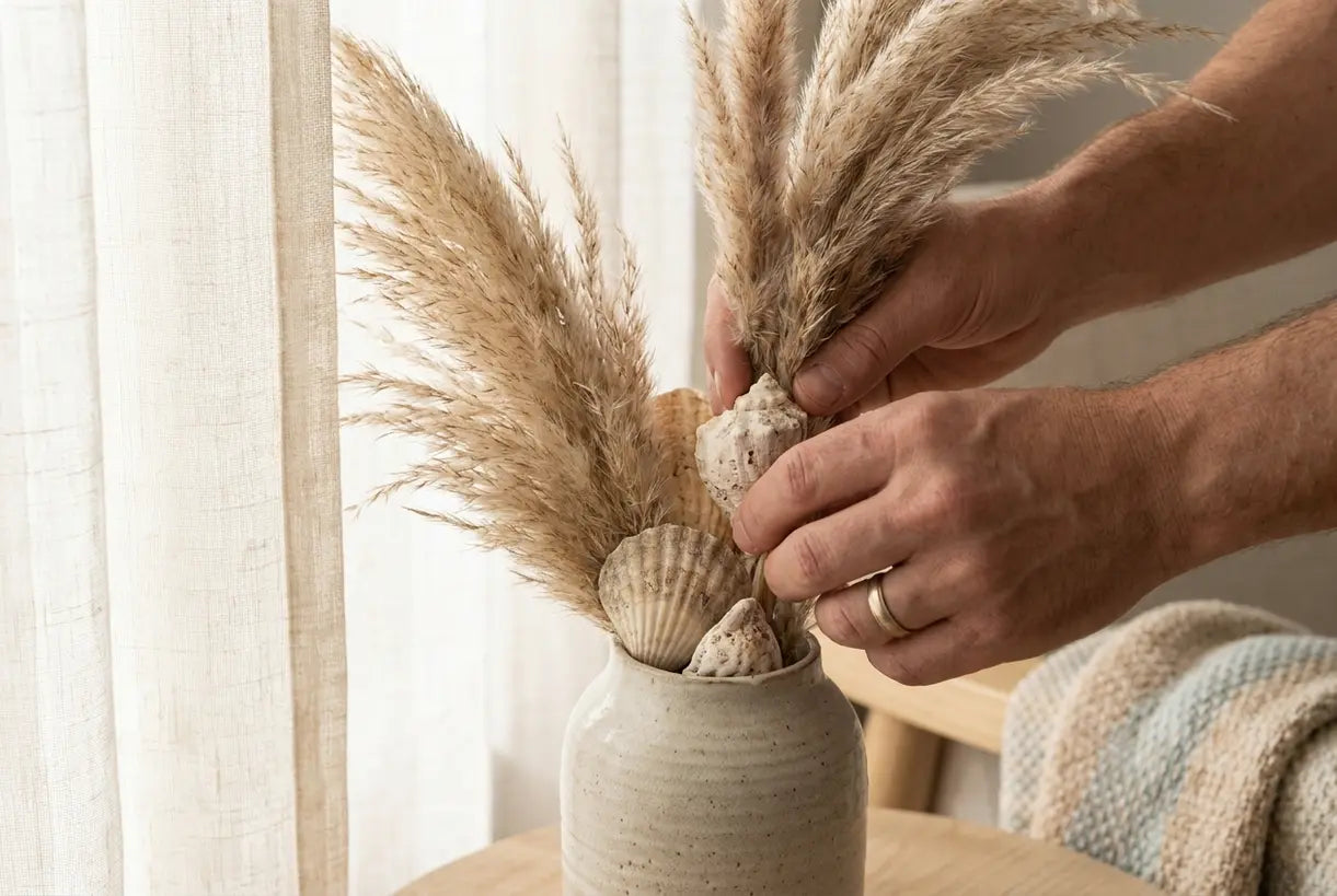 Coastal home decor styling with shells and pampas grass in a ceramic vase for breezy beach interior.