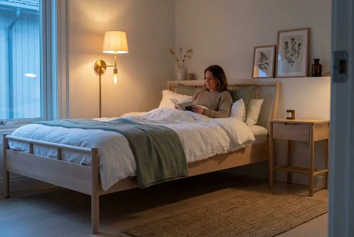 Scandinavische slaapkamer met vast aangesloten wandlamp die warme sfeerverlichting biedt