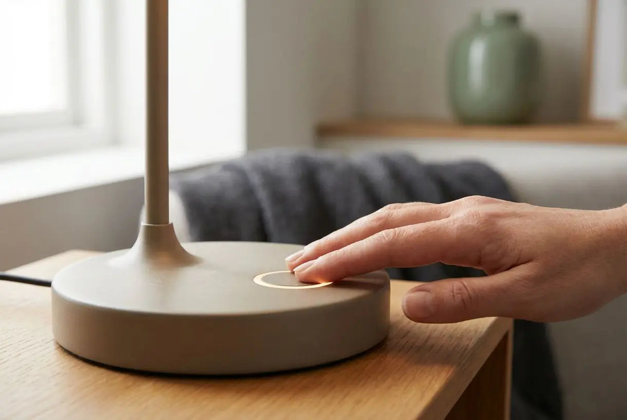 Hand die aanraakgevoelige tafellamp dimmerbediening aanraakt op minimalistische lampvoet