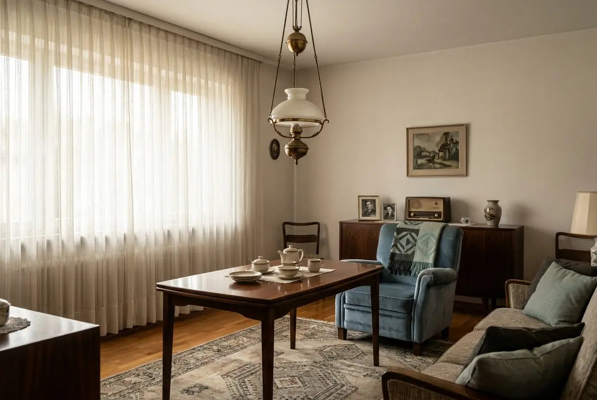 1940s inspired living room interior with brass pendant light and mid-century furniture, wartime elegance