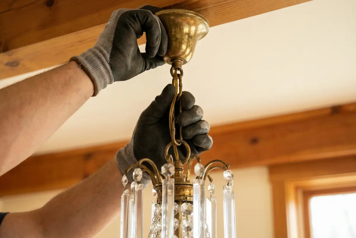 Montage van de ketting van een kroonluchter aan een hoog plafond