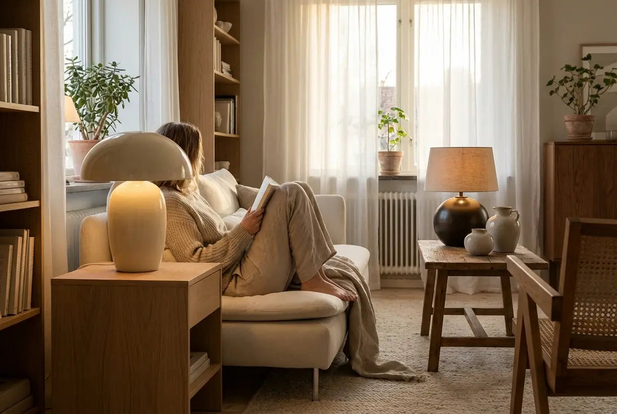 Scandinavische woonkamer met sculpturale paddenstoel- en koepelvormige tafellampen die warme sfeerverlichting creëren
