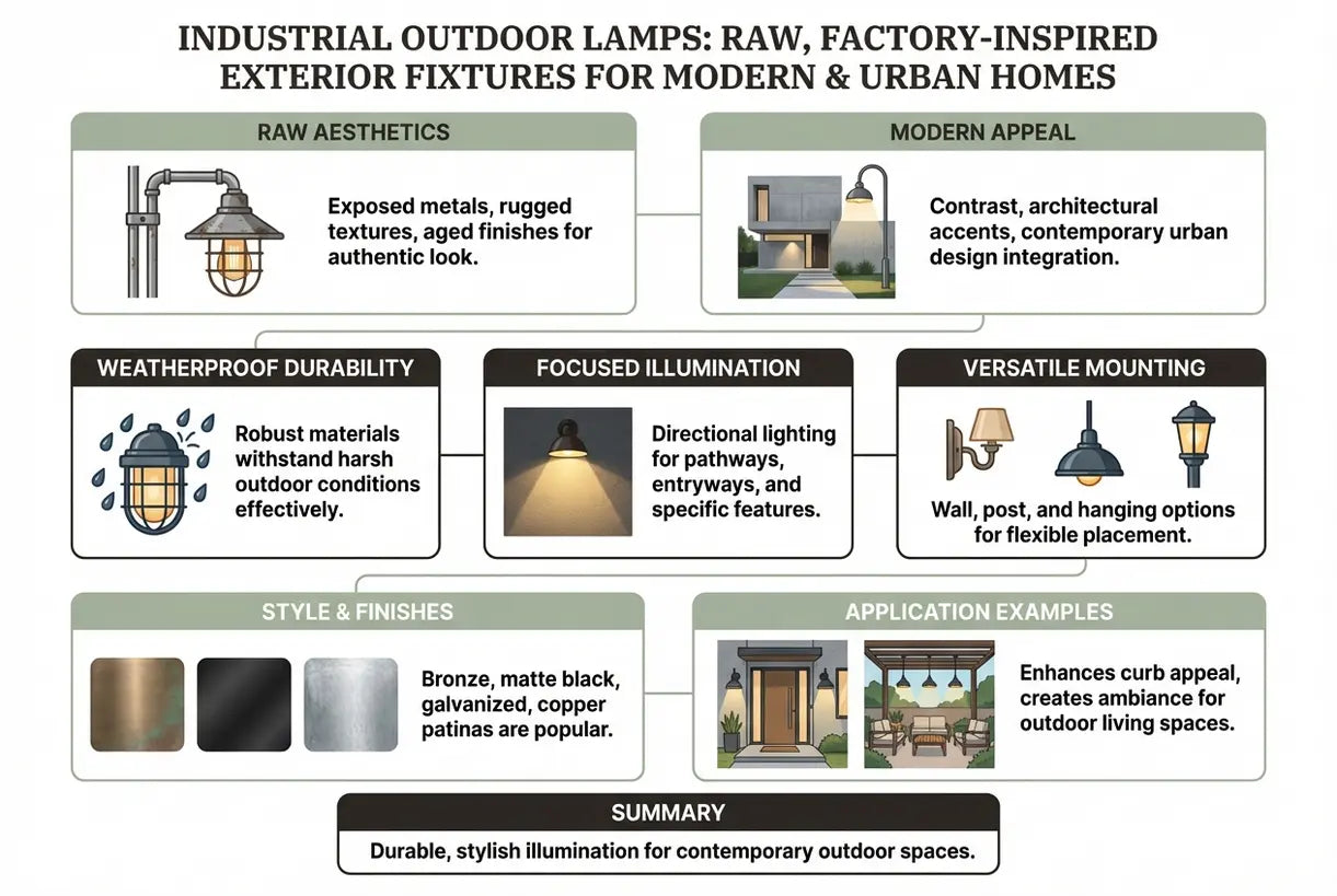 Industriële buitenlampen: rauwe, fabrieksgeïnspireerde buitenverlichting voor moderne en stedelijke huizen - infographic