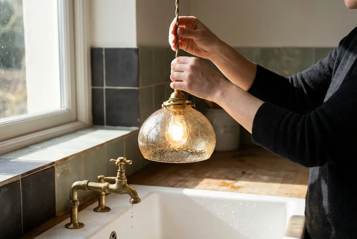Hands adjusting pendant light over kitchen sink with textured glass shade