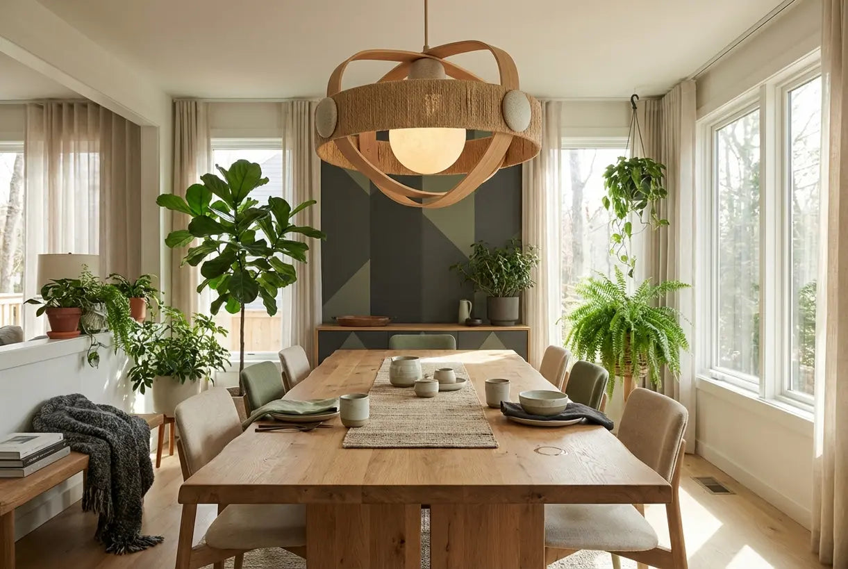 Scandinavian dining room with organic modern chandelier above natural wood dining table