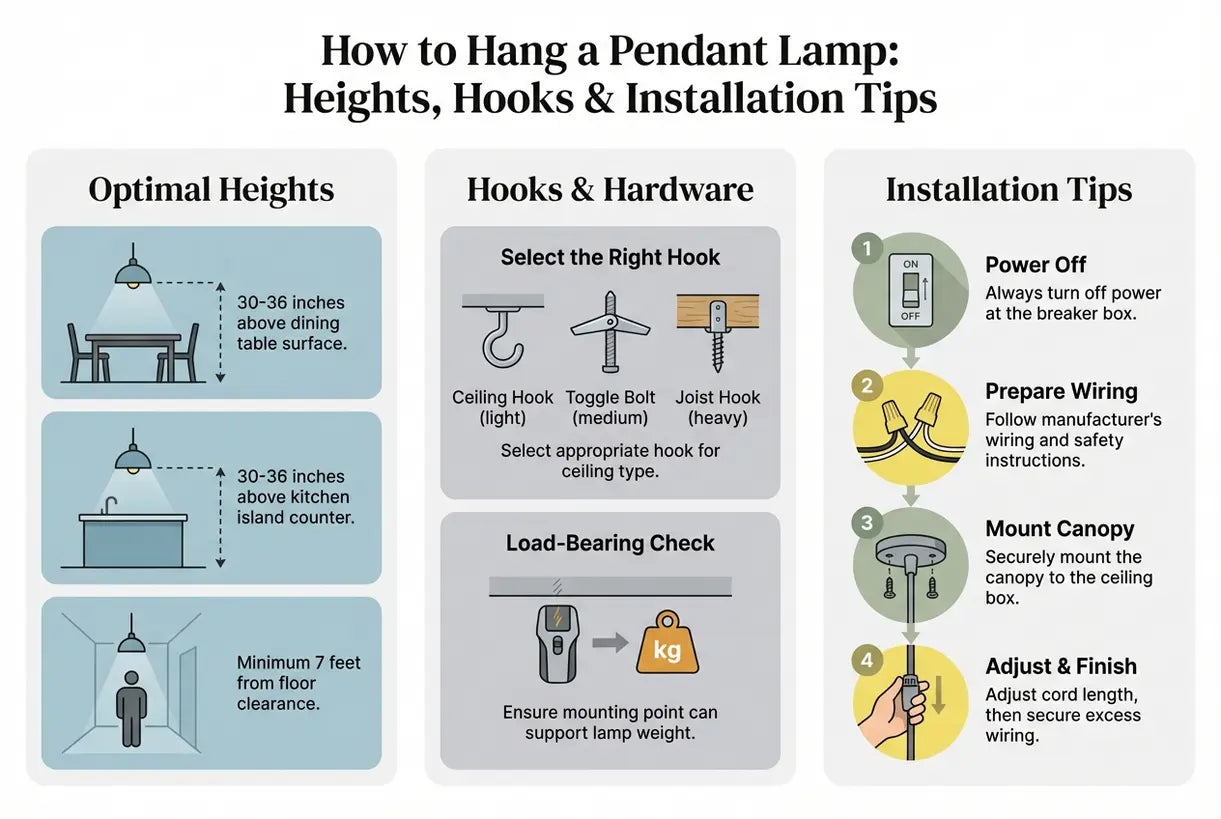 Een hanglamp ophangen: hoogtes, haken en montagetips - infographic