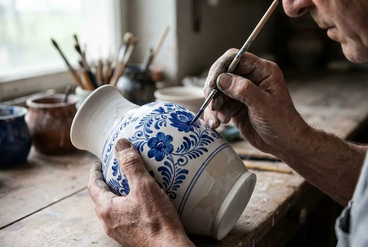 Close-up van handen die ingewikkelde bloempatronen schilderen op een Italiaanse keramische vaas met traditionele majolicatechnieken