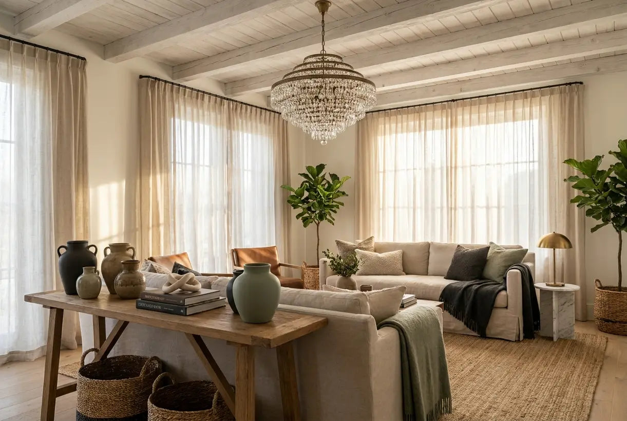 Luxury Scandinavian home decor accessories styled in elegant living room setting