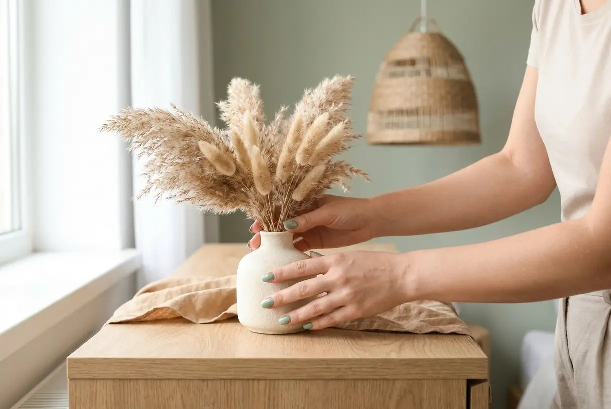 Hands styling entryway console table with dried pampas grass in ceramic vase, Scandinavian entryway home decor