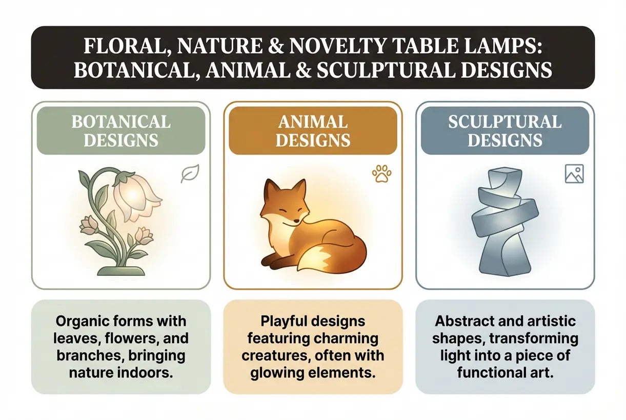 Bloemen-, natuur- & novel tafellampen: Botanische, dieren- & sculpturale ontwerpen - infografiek