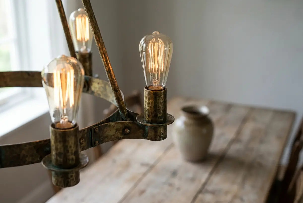 Close-up of farmhouse chandelier with weathered brass details and Edison bulbs